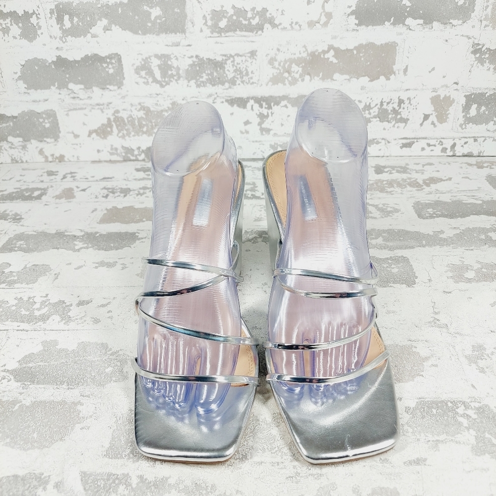 🔴New Topshop Silver Square Toe Metallic Slide On Wedges C997
